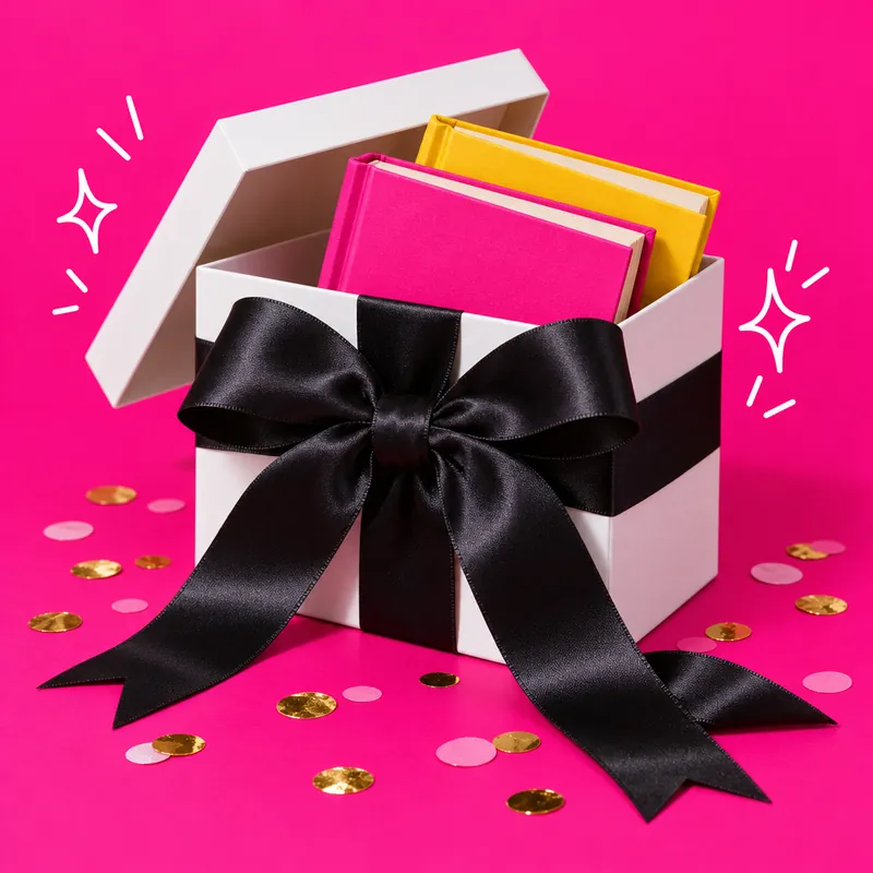 A gift box with a black bow and books inside
