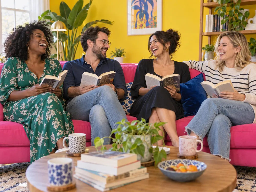 Four friends laughing on a pink sofa, each holding a book