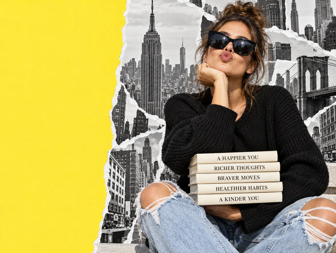 A woman in sunglasses holding a stack of books called A Happier You, Richer Thoughts, Braver Moves, Healthier Habits and A Kinder You