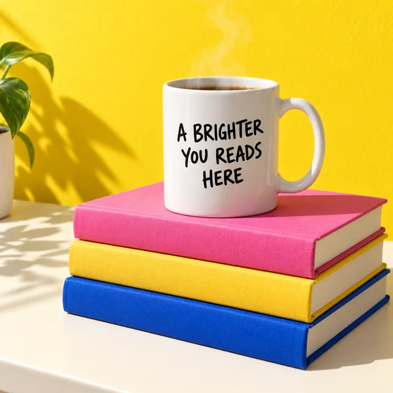 A mug that says A brighter you reads here, on a stack of books